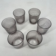 Lot of 6 Pier 1 Old Fashion Lowball Cocktail Glasses Etched smokey grey stemless