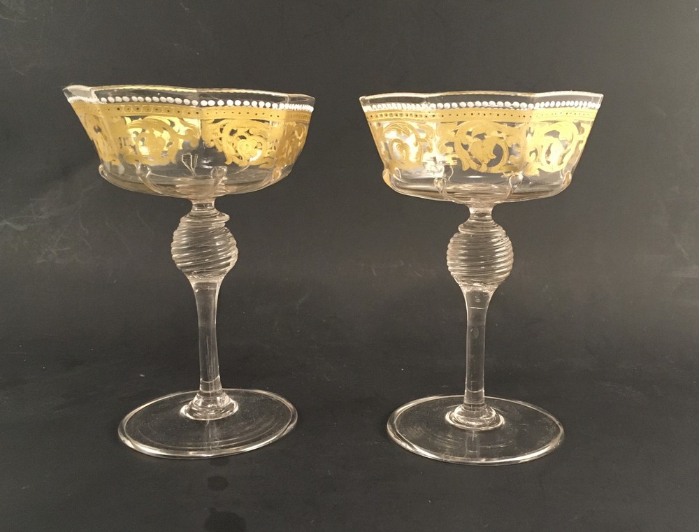 Antique Venetian Gold Gilt & Enameled Coupe Glasses by Salviati of Murano Italy