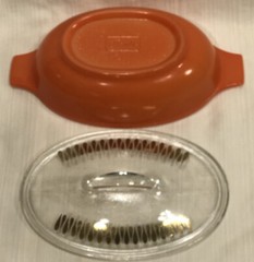 MidCentury Orange Glasbake 1Qt Covered Casserole J2274-75 W/Wire Stand