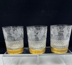 ANTIQUE FRENCH 3 CRYSTAL WHISKEY TUMBLERS GOLD TRIM ETCHED GRAPES DIAMOND CUTS