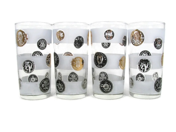 Libbey Set of 4 Glasses Tumbler Mid Century Coin Frosted Bands Black Gold 10 Oz