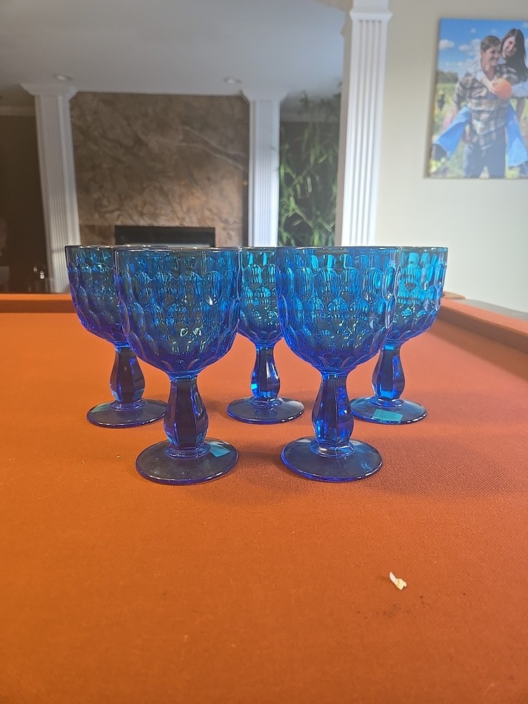 5)Fenton Colonial Thumbprint Blue Goblet Water Glass 12 Ounces 6.5″.