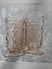 Vintage Pink Depression Glass Cube Block Footed Tumblers Set Of 2 Glasses