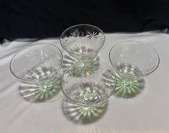 4 Clear Etched Optic Bowl & Green Uranium Foot Low Champagne Sherbet Glasses