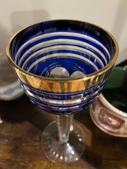 Moser Bohemian 8in Goblets crystal Cobalt Blue Cut to Clear with Gold Trim