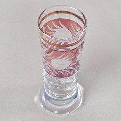 Bohemian Pink Cut To Clear VTG Cordial Glasses Set 6 Gold Trim Etched Crystal