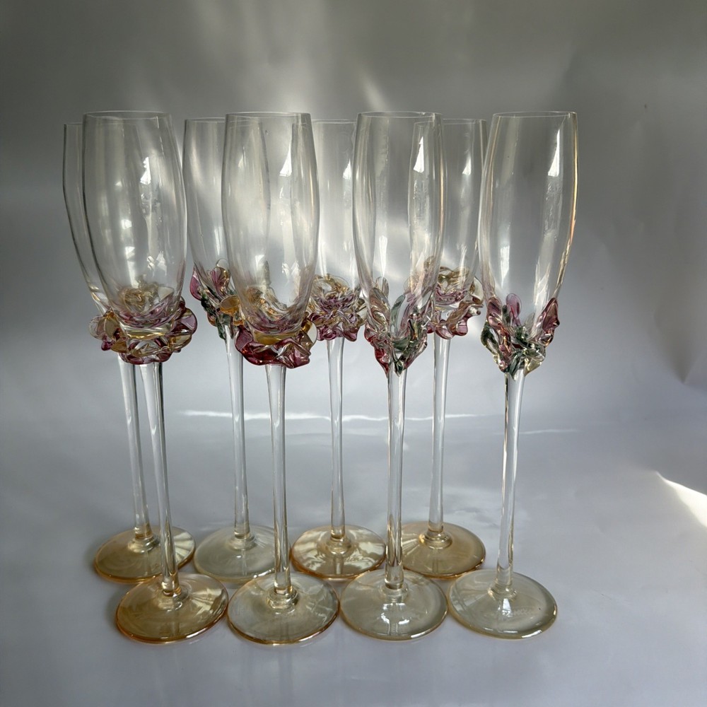 Set Of 8 Signed Hand Blown Ion Tamaian Art Glass Champagne Flutes Pink