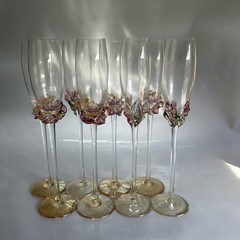 Set Of 8 Signed Hand Blown Ion Tamaian Art Glass Champagne Flutes Pink