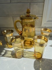 Rare Vintage Tiffin Rambler Rose Amber Pitcher w/ Lid and 4 Tumblers- Stem 14196