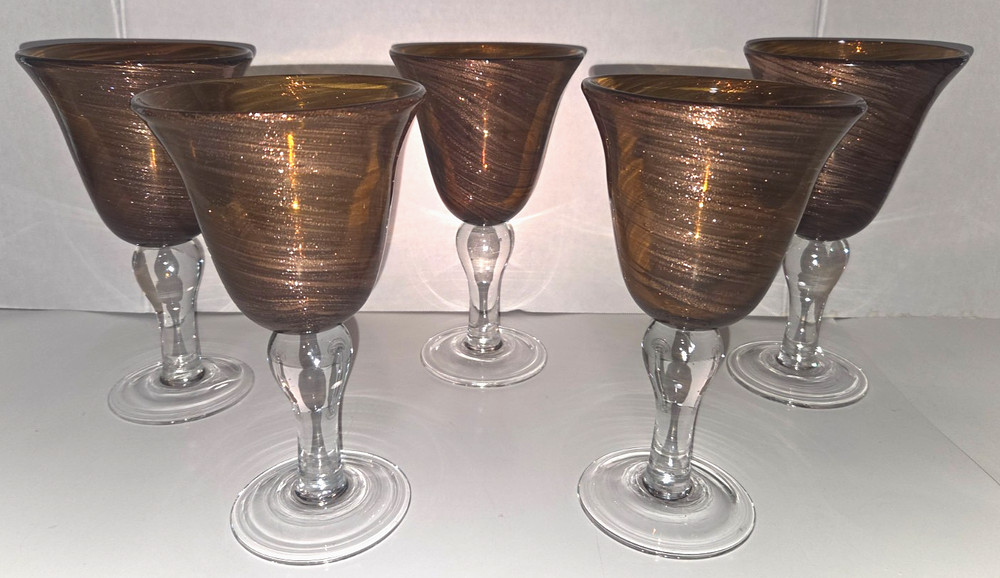 Set of 5 ARTLAND Bronze Swirl Amber Shimmer WATER Goblets Glasses