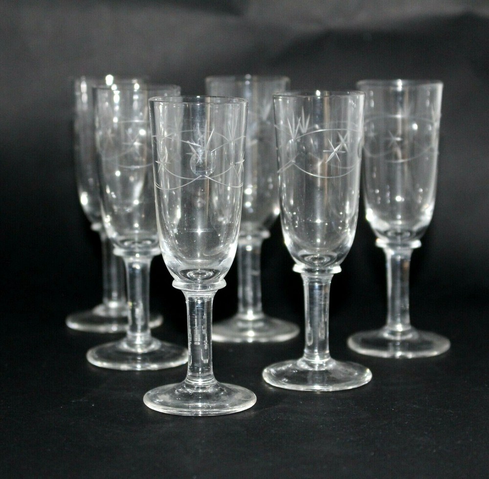 Vintage Mid-Century 6 Wafer Cut Starburst Etched GLASSES Liqueur Stemmed 3 5/8″