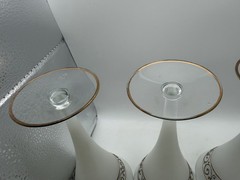 Vintage MCM Frosted White Champagne Cocktail Glasses Gold Silver Scroll Set of 4