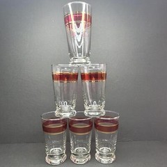 Libbey Glass Mid Century 10oz Highball Tumbler Magenta Band Gold Stripes x 6