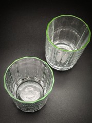 Two (2) Bormioli Green Rim/Clear Body 14-Panel Lowball Whiskey Glasses. Unique.