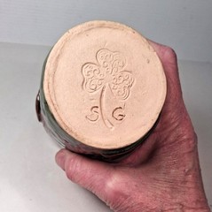 Drip Glazed Pottery Tumbler 5″ Hand Thrown Signed SG 12 Oz Shamrock Mark