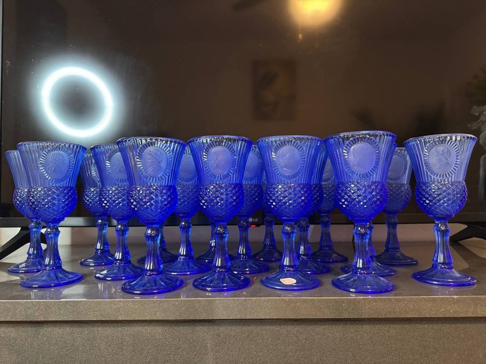 Vintage Cobalt Blue Avon Cameo Goblets Wine Glasses Set of 18
