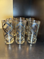 Set Of 6 Georges Baird MCM 5.5″ Highball Glasses Black And 22kt Gold Plaid…