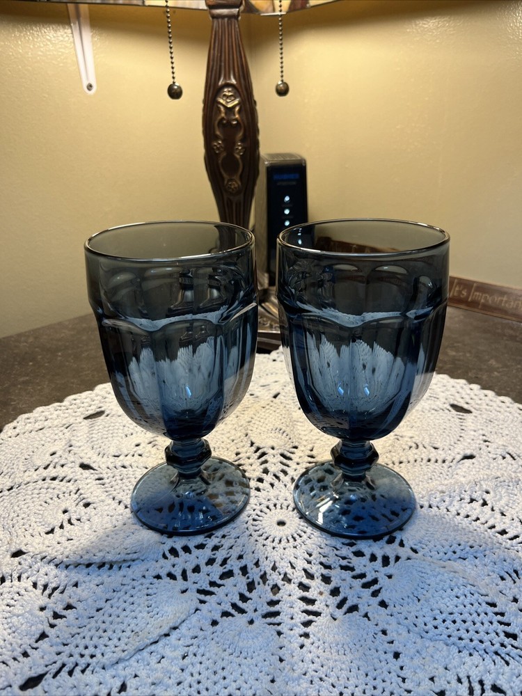Libbey Duratuff Gibralter Dusky Blue Water Goblets/Glasses–Set Of 2–7» Tall