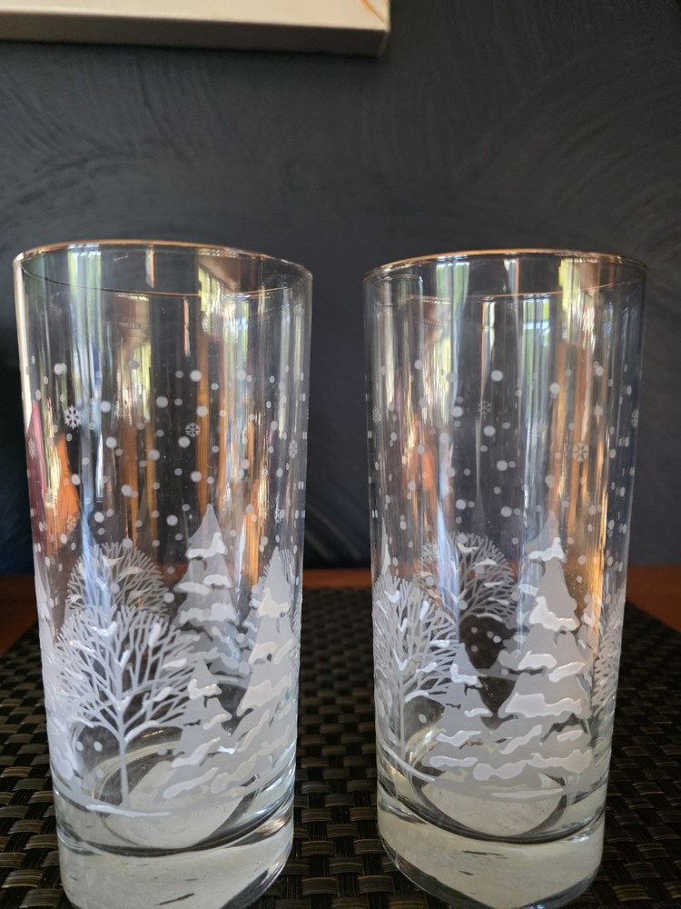 Set of 2 Vintage Libbey Pines Tumblers High Ball White Trees 15 oz Gold Rim NEW
