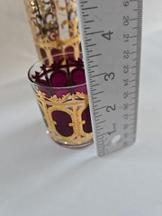 Mid Century Culver Cranberry Scroll Pitcher 5 Lowball Glasses 22Kt Gold Barware