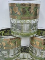 6 CERA GOLDEN GRAPES GREEN DRINKING GLASSES 12oz flat tumbler 4.5″ vintage