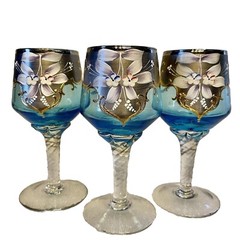 Wine Goblets Blue & Silver Venetian Enamel (3) Hand Blown Hand Painted Bar
