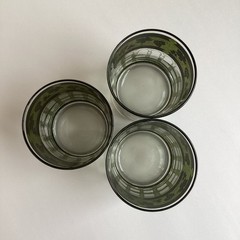 Vintage Cera Double Old Fashioned Glasses 3 Gold Green Grapevine Column Cocktail