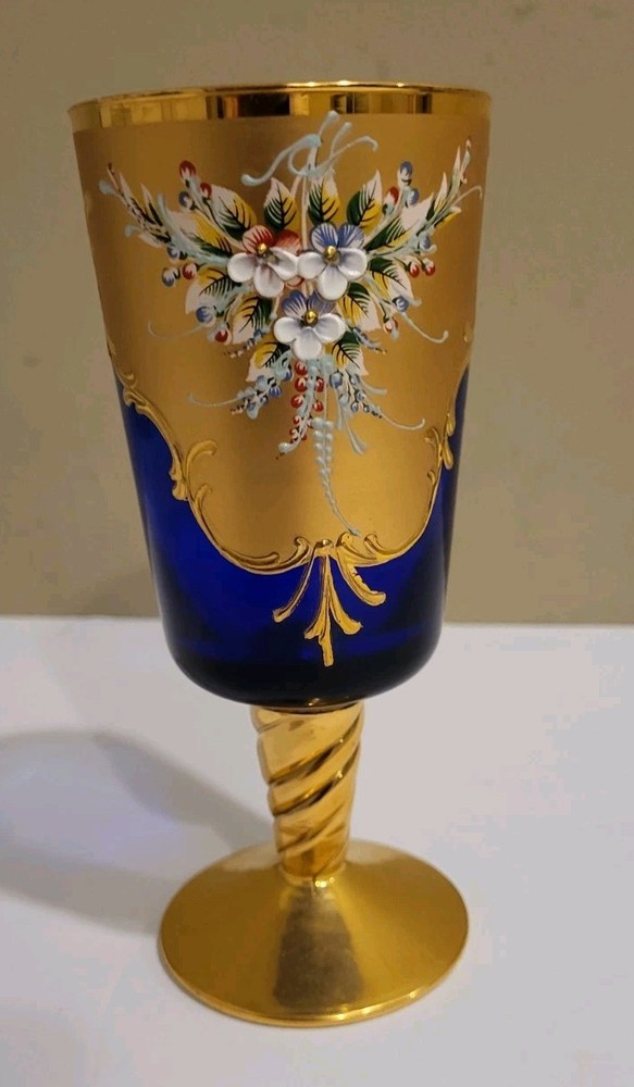 Venetian Murano Glass Wine Cocktail Glass Goblet Blue Gold Floral Mid Century