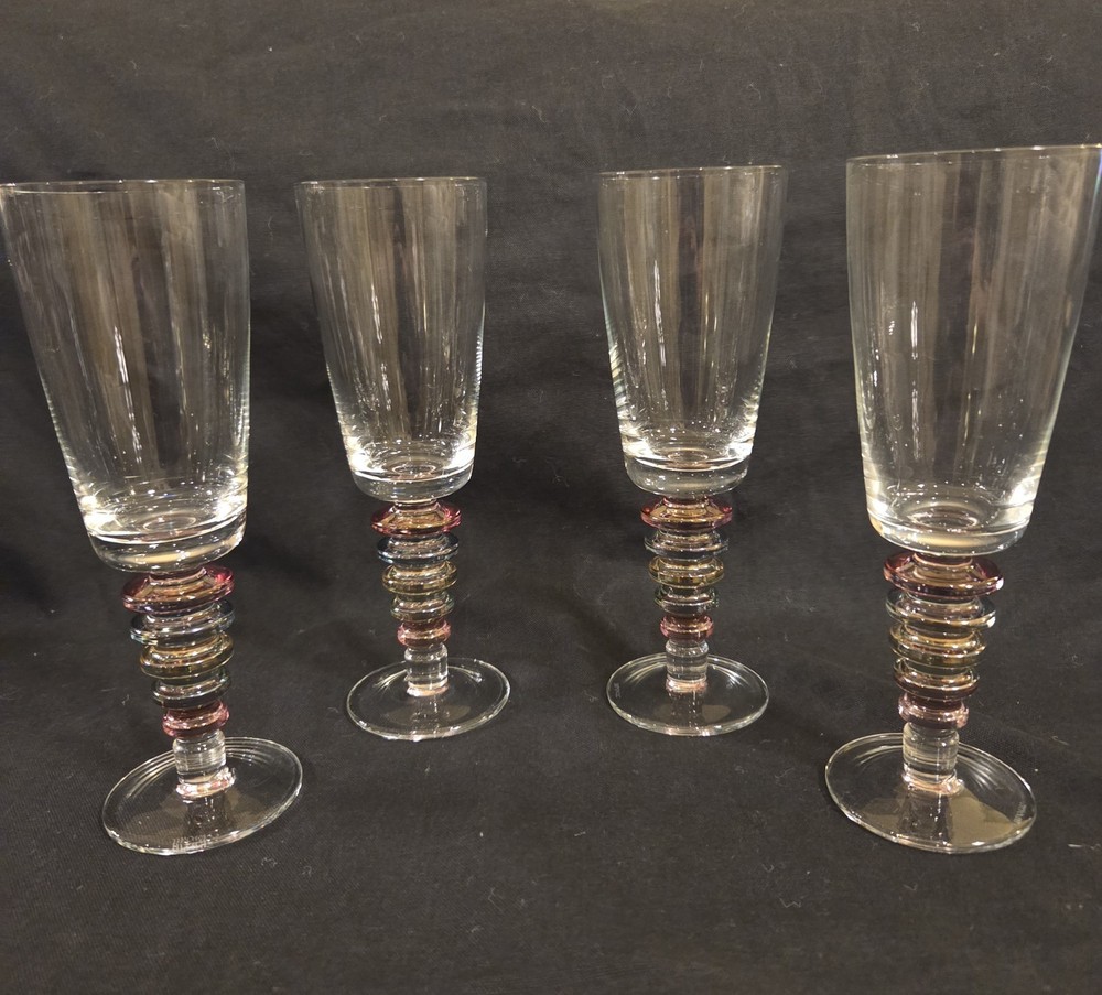 Vintage Block Crystal Carnival Stem Glasses Set of 4 Multi Color Ring Stem 9”