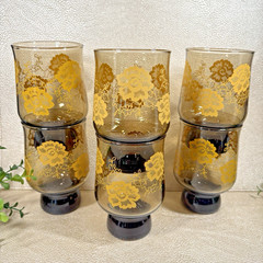 Groovy Smokey Brown Tumbler Glasses With Yellow Flowers Set 6 MCM Stackable