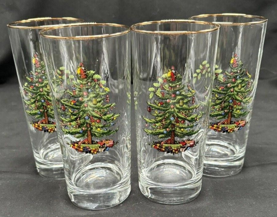 Spode Christmas Tree 12 oz Glass Clear with Gold Trim Highball 6.25″ Tall