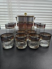 Vintage MCM Culver three Rim Gold Overlay Lowball, Highball Glasses and bucket