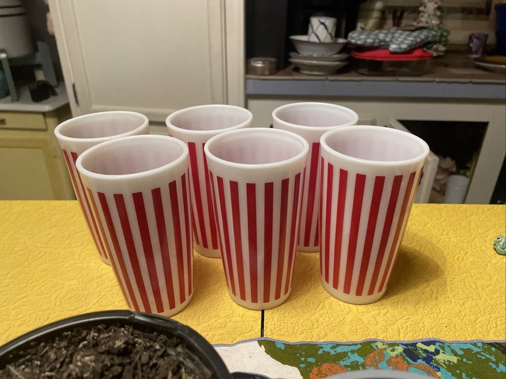 Vintage Hazel Atlas Red Candy Striped Milk Glass Tumblers Set Of 6