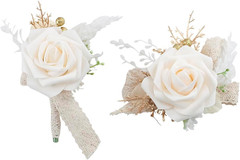 Champagne & White Wrist Corsage and Boutonniere Set for Wedding Prom Homecoming