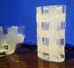 Set 2 Murano Tondo Doni thick clear Crystal etched art Glass Vases Retail $1500