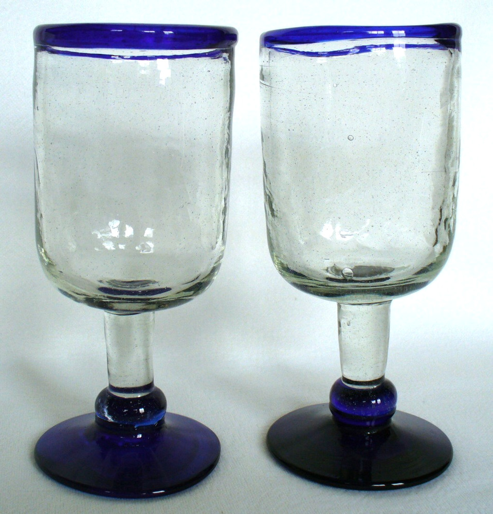 2~Hand Blown~ART GLASS~Bubbles~COBALT RIM & FOOT~5.75″x2.5″~WINE GLASS~Mexico