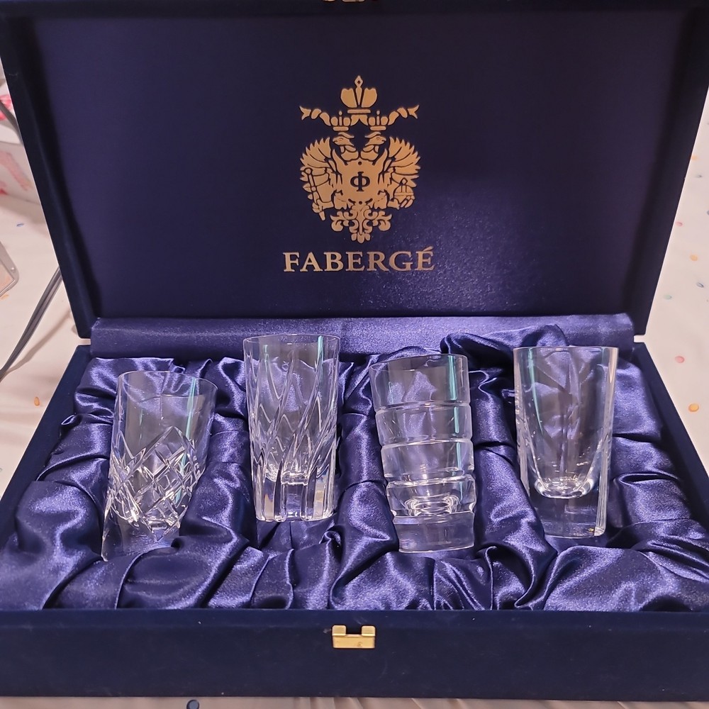 Set Of 4 Faberge Heavy Crystal Shot Glasses 3.6” France In Box