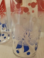 Set of 5 Federal Glasses Tumbler Red White Blue Bows Dots 4 ¾” Tall Mid Century