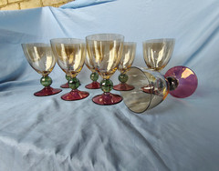 KROSNO Amber Wine Glasses Goblets Set of 8 Green Ball Stem Purple Base