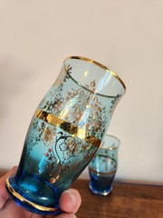 Vecchia Murano Style Hand-blown Glasses Blue 24 Karat Gold Trim – Set Of 2