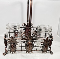 Vintage Metal Beverage 8 Glass Tumbler Holder Caddy Carrier Wood Handle