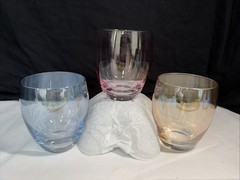 3 Iridescent Roly Poly Stemless Glasses Vintage Barware Gold Blue Purple 16oz