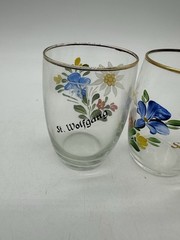 Delicate Little Swiss Juice Glasses «St. Wolfgang» Floral with Gold Trim on Rim
