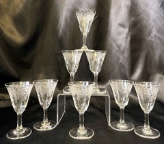 Set Of 8~Clear Glass Cordials~Etched Thistle~Flared Optic Bowl