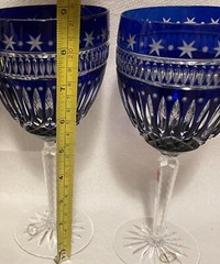 Cobalt Hungary Crystal Star Design 8.75” Wine Goblet Cut Stems Set Of 2 Unused