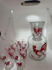Vintage Mexico Red Rooster Breakfast Set Juice Service Carafe 7 Glasses Ice Cup