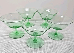 Vintage Set (5) Glowing Uranium Paneled Optic Low Sherbet Depression Era Glasses
