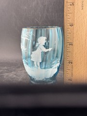Antqiue Light Blue Mary Gregory Glass Hand Painted Tumbler Ribbed Gold Rim