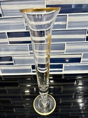 MCM Vintage Fluted 10” Footed Bud Vase Clear Glass Gold Wheat Design Gold Trim