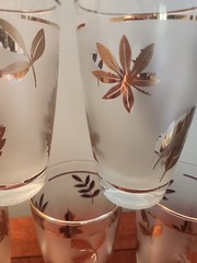 LIBBEY Golden Foliage Gold Leaf Frosted 12 oz Tumblers MCM 7-Glasses Retro EUC
